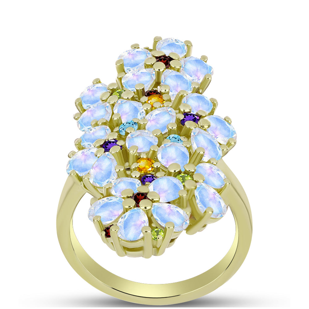 Goldplattierter Silberring mit Regenbogenmondstein und marokkanischem Amethyst