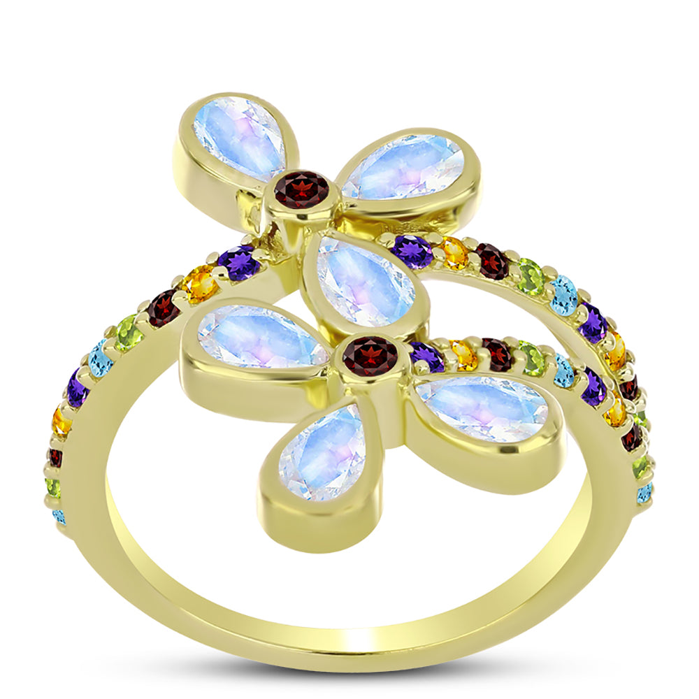 Goldplattierter Silberring mit Regenbogenmondstein und Barton Granat