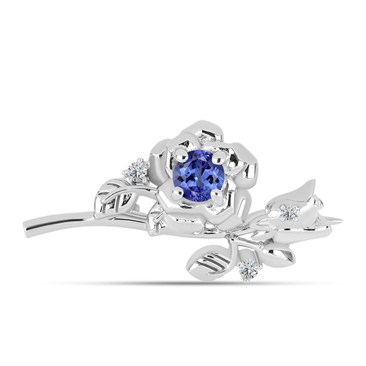 Silberbrosche mit Tansanit - Klasse AAA und weißem Diamant