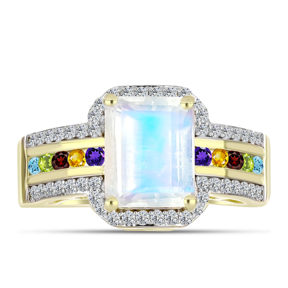 Goldplattierter Silberring mit Regenbogenmondstein und marokkanischem Amethyst