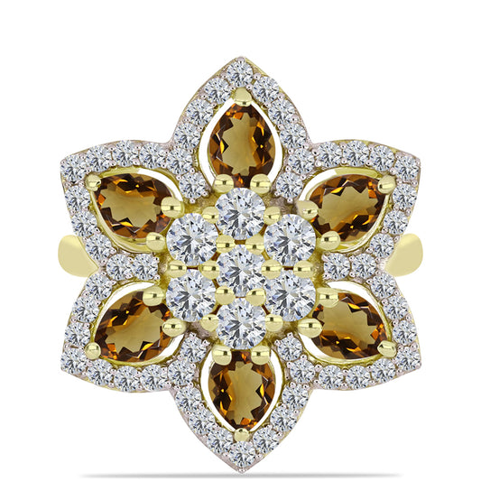 Goldplattierter Silberring mit Cognac-Quarz und weißem Topas