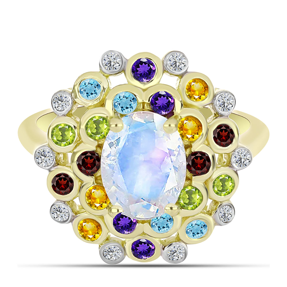 Goldplattierter Silberring mit Regenbogenmondstein und marokkanischem Amethyst 1 