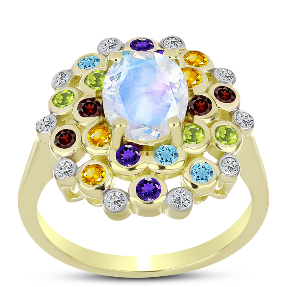 Goldplattierter Silberring mit Regenbogenmondstein und marokkanischem Amethyst