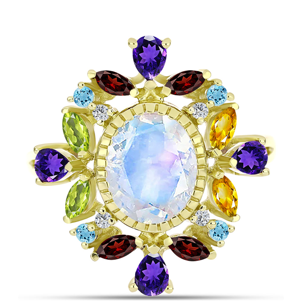 Goldplattierter Silberring mit Regenbogenmondstein und marokkanischem Amethyst 1 