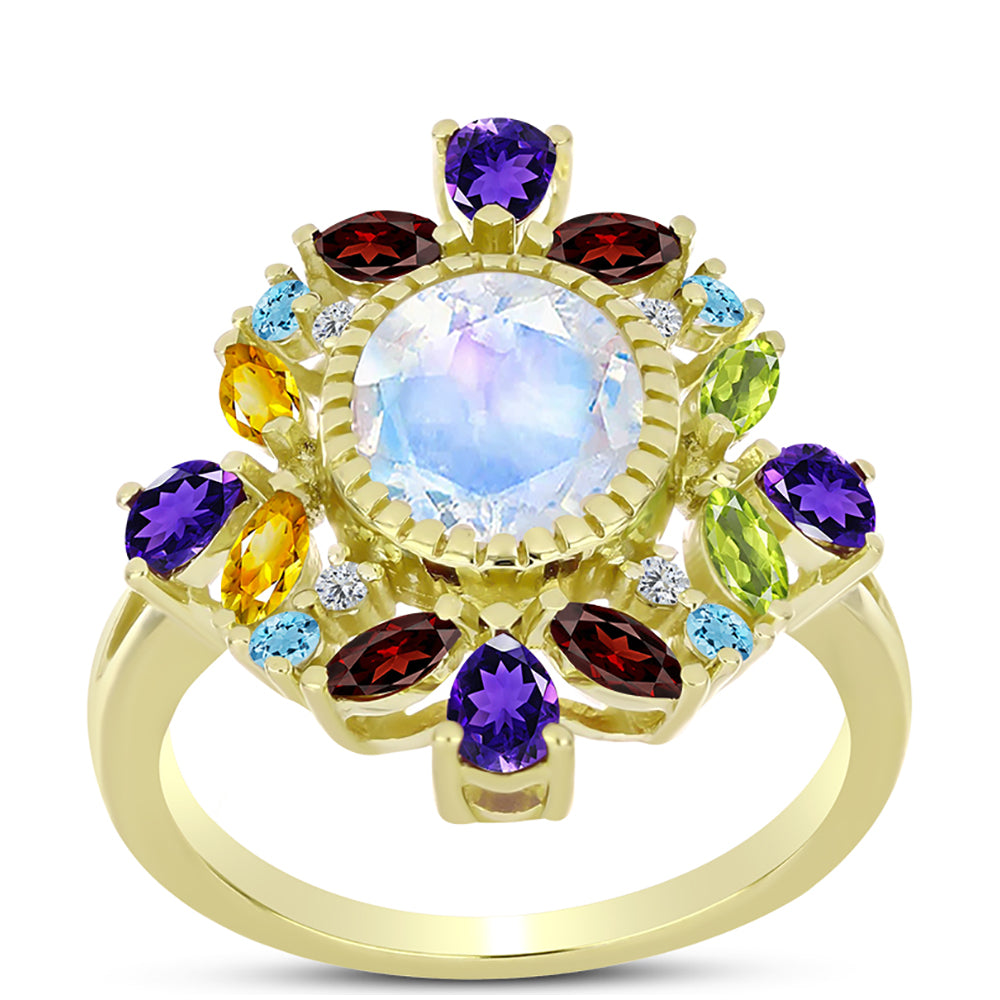 Goldplattierter Silberring mit Regenbogenmondstein und marokkanischem Amethyst