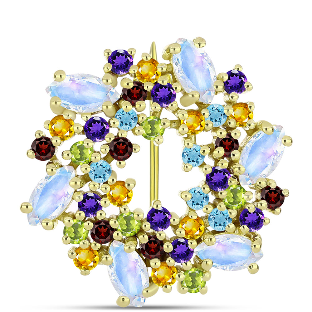 Goldplattierte Silberbrosche mit Regenbogenmondstein und marokkanischem Amethyst 1 