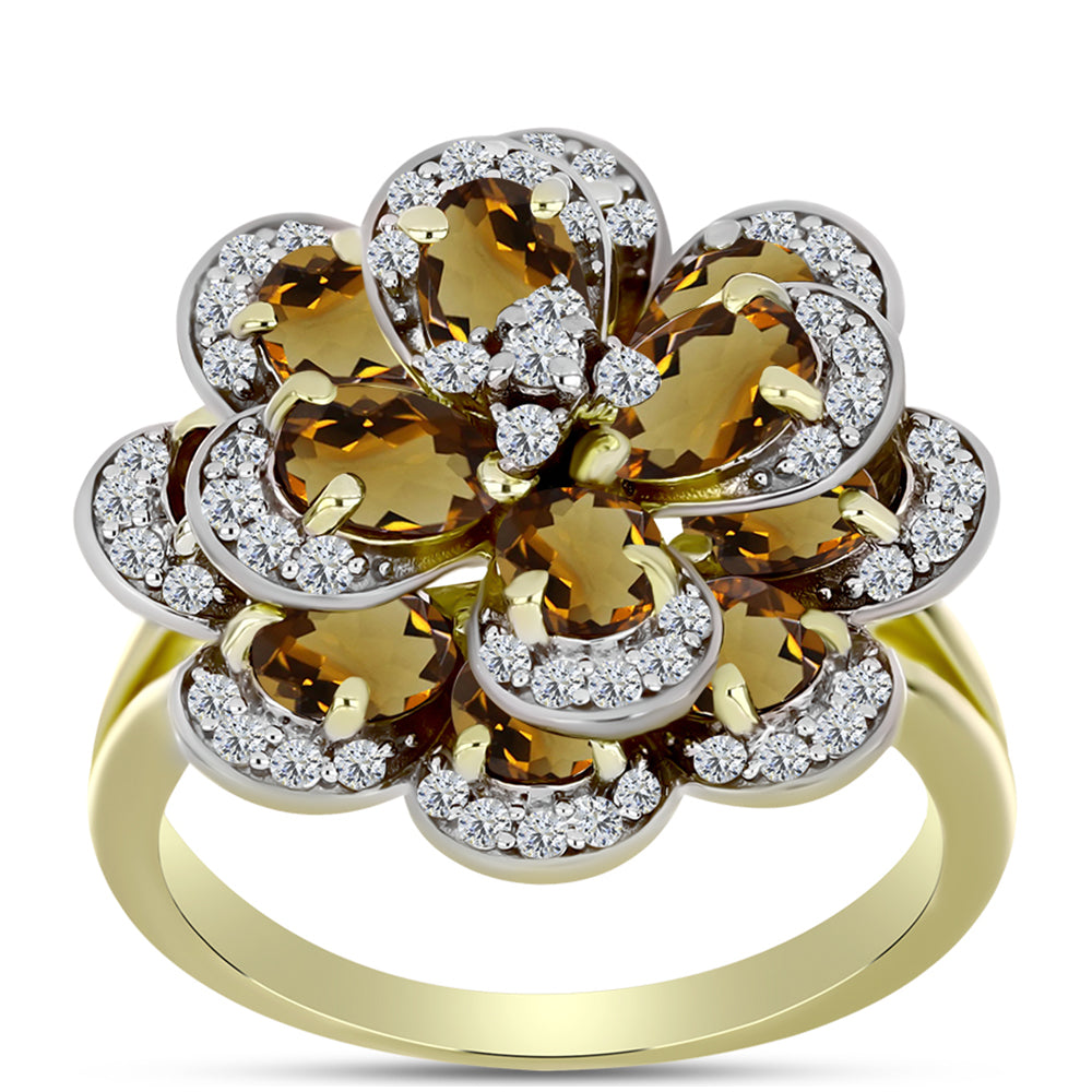 Goldplattierter Silberring mit Cognac-Quarz und weißem Topas