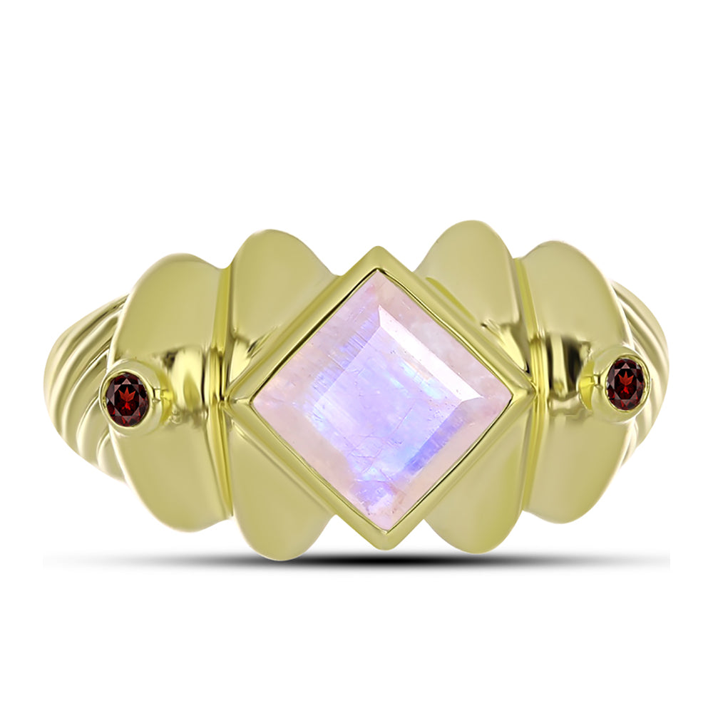 Goldplattierter Silberring mit Regenbogenmondstein und Barton Granat 1 