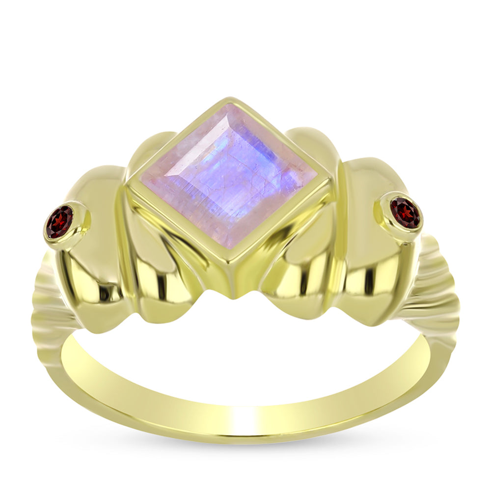 Goldplattierter Silberring mit Regenbogenmondstein und Barton Granat 3 