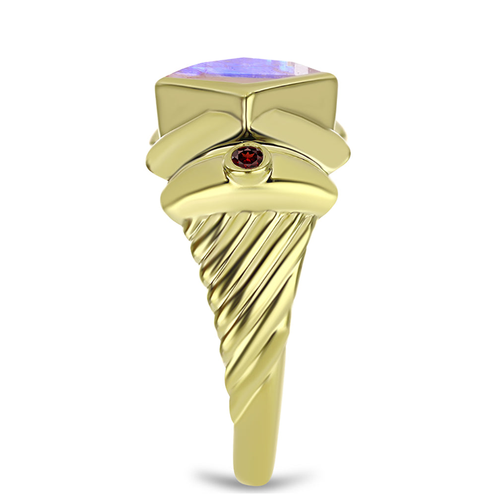 Goldplattierter Silberring mit Regenbogenmondstein und Barton Granat 4 