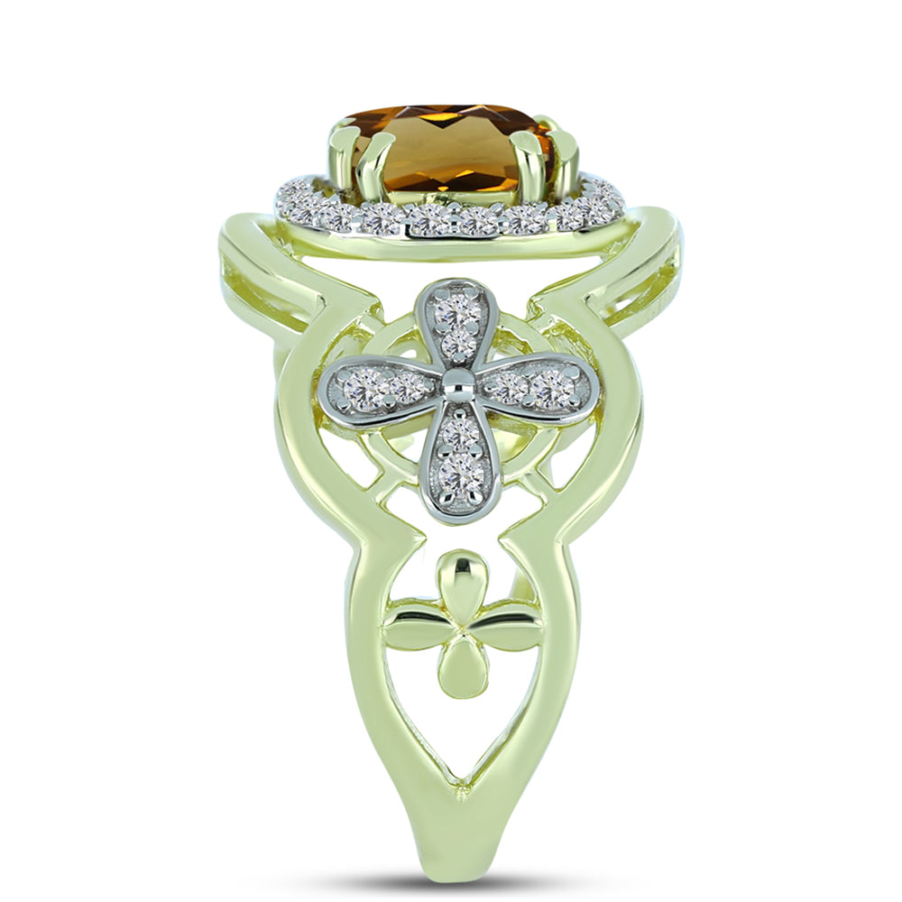 Goldplattierter Silberring mit Cognac-Quarz und weißem Topas