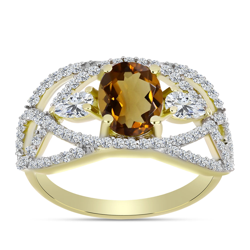 Goldplattierter Silberring mit Cognac-Quarz und weißem Topas