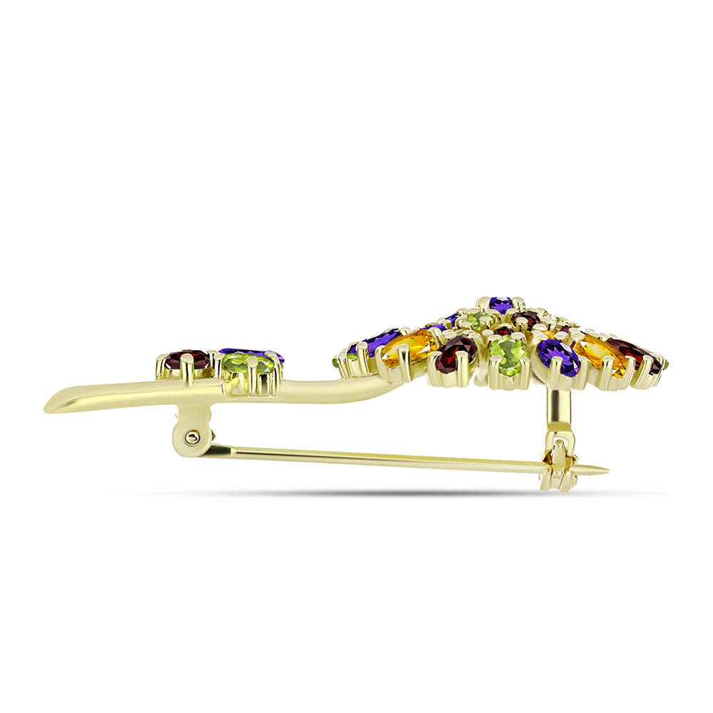 Goldplattierte Silberbrosche mit marokkanischem Amethyst und Zitrin aus dem Ural