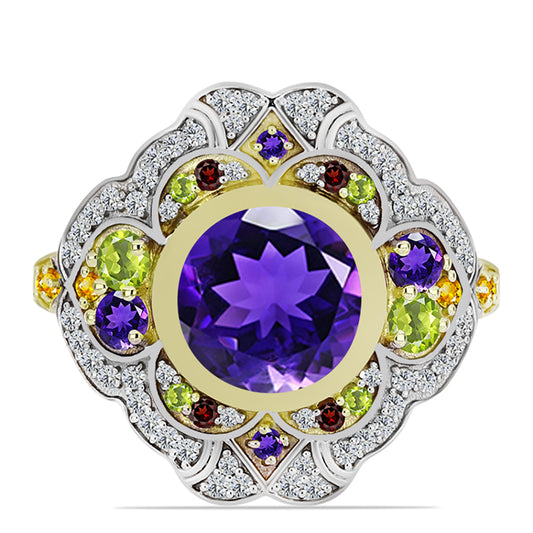Goldplattierter Silberring mit marokkanischem Amethyst und Zitrin aus dem Ural