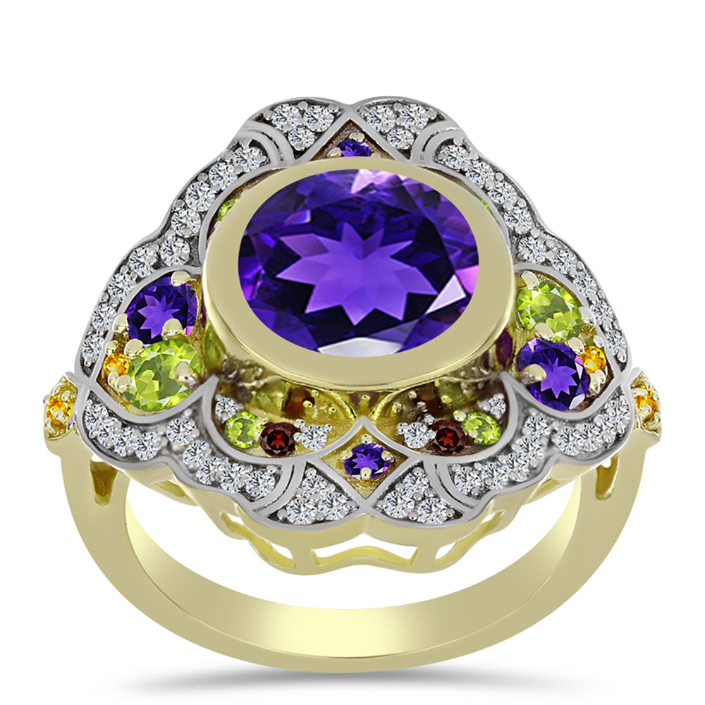 Goldplattierter Silberring mit marokkanischem Amethyst und Zitrin aus dem Ural