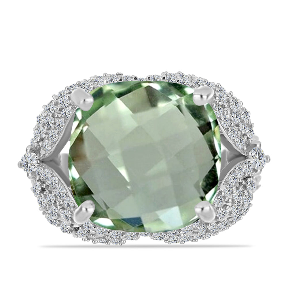 Silberring mit grünem Amethyst und weißem Topas