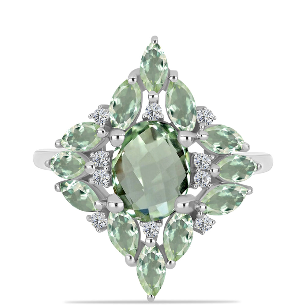 Silberring mit grünem Amethyst und weißem Topas