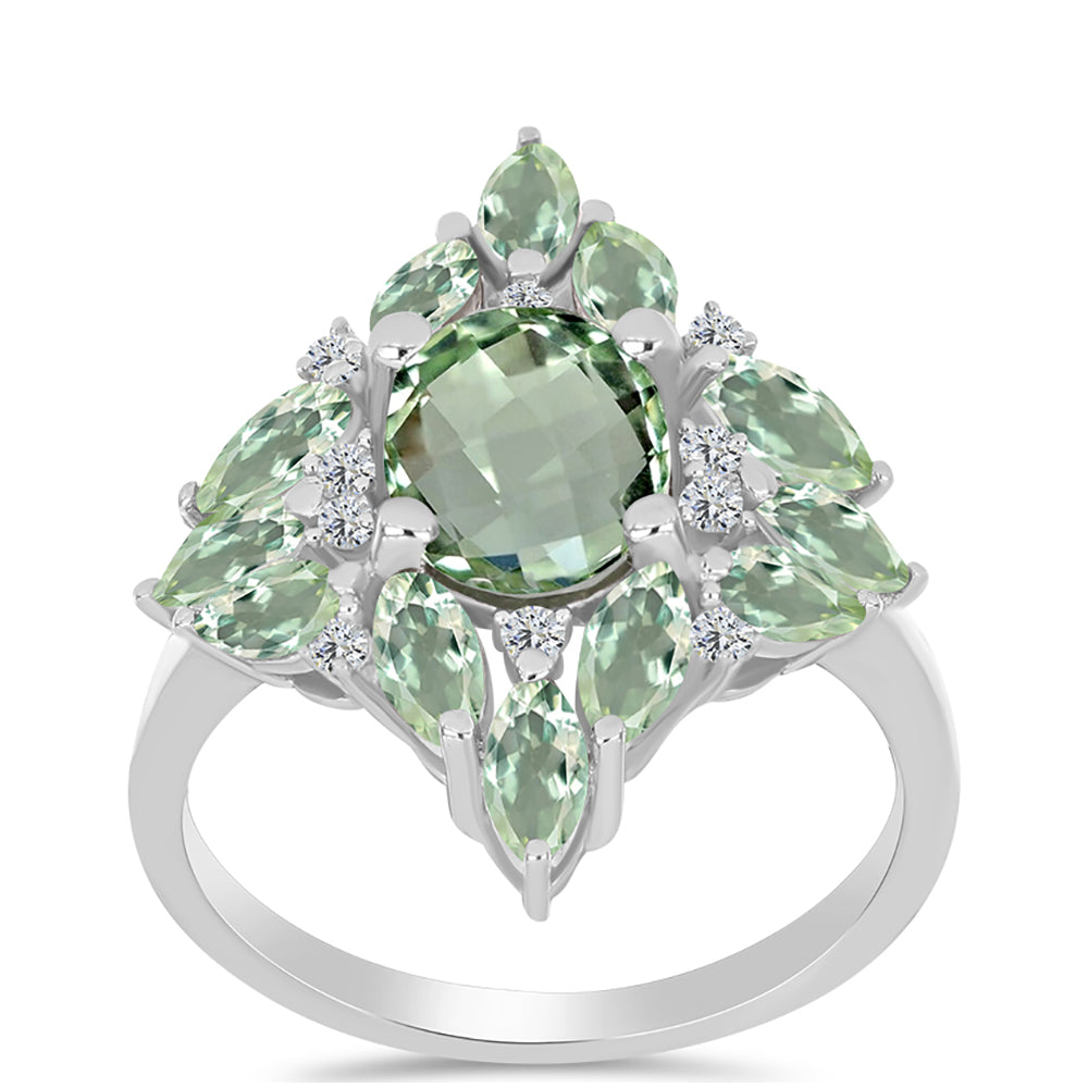 Silberring mit grünem Amethyst und weißem Topas