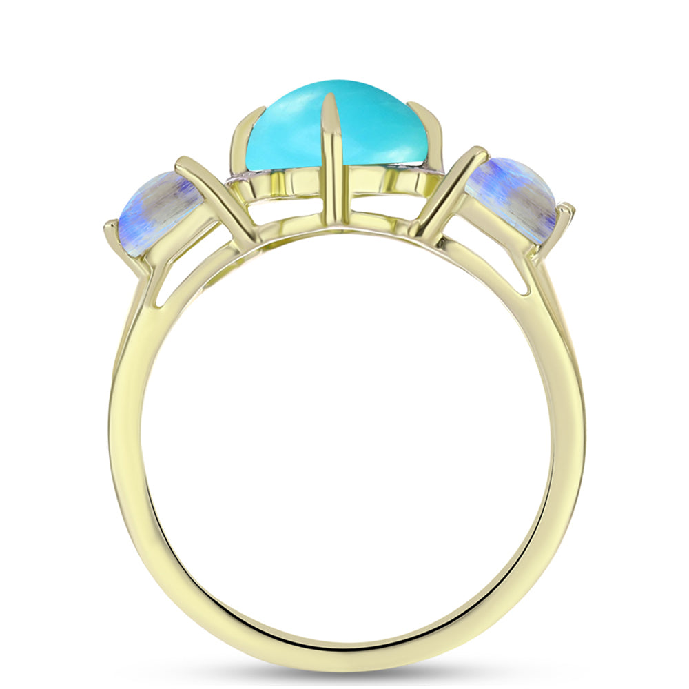 Goldplattierter Silberring mit Dornröschen Türkis und Regenbogenmondstein