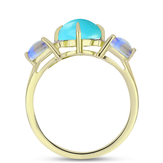 Goldplattierter Silberring mit Dornröschen Türkis und Regenbogenmondstein
