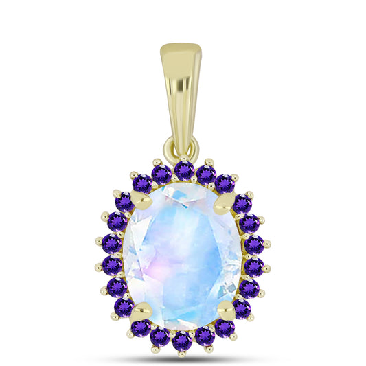 Goldplattierter Silberanhänger mit Regenbogenmondstein und marokkanischem Amethyst