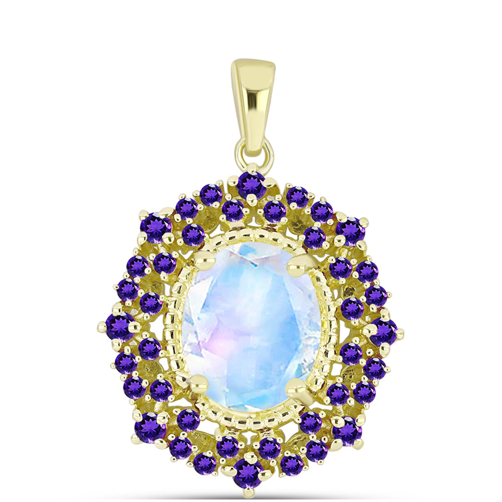 Goldplattierter Silberanhänger mit Regenbogenmondstein und marokkanischem Amethyst