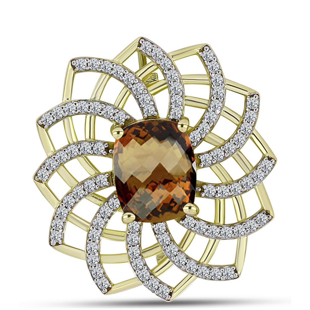 Goldplattierte Silberbrosche mit Cognac-Quarz und weißem Topas 1 