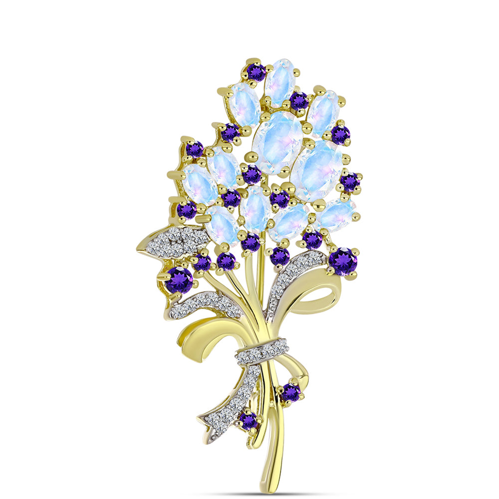 Goldplattierte Silberbrosche mit Regenbogenmondstein und marokkanischem Amethyst