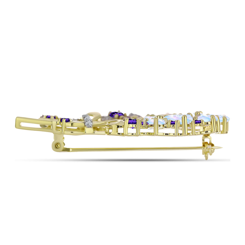 Goldplattierte Silberbrosche mit Regenbogenmondstein und marokkanischem Amethyst 2 