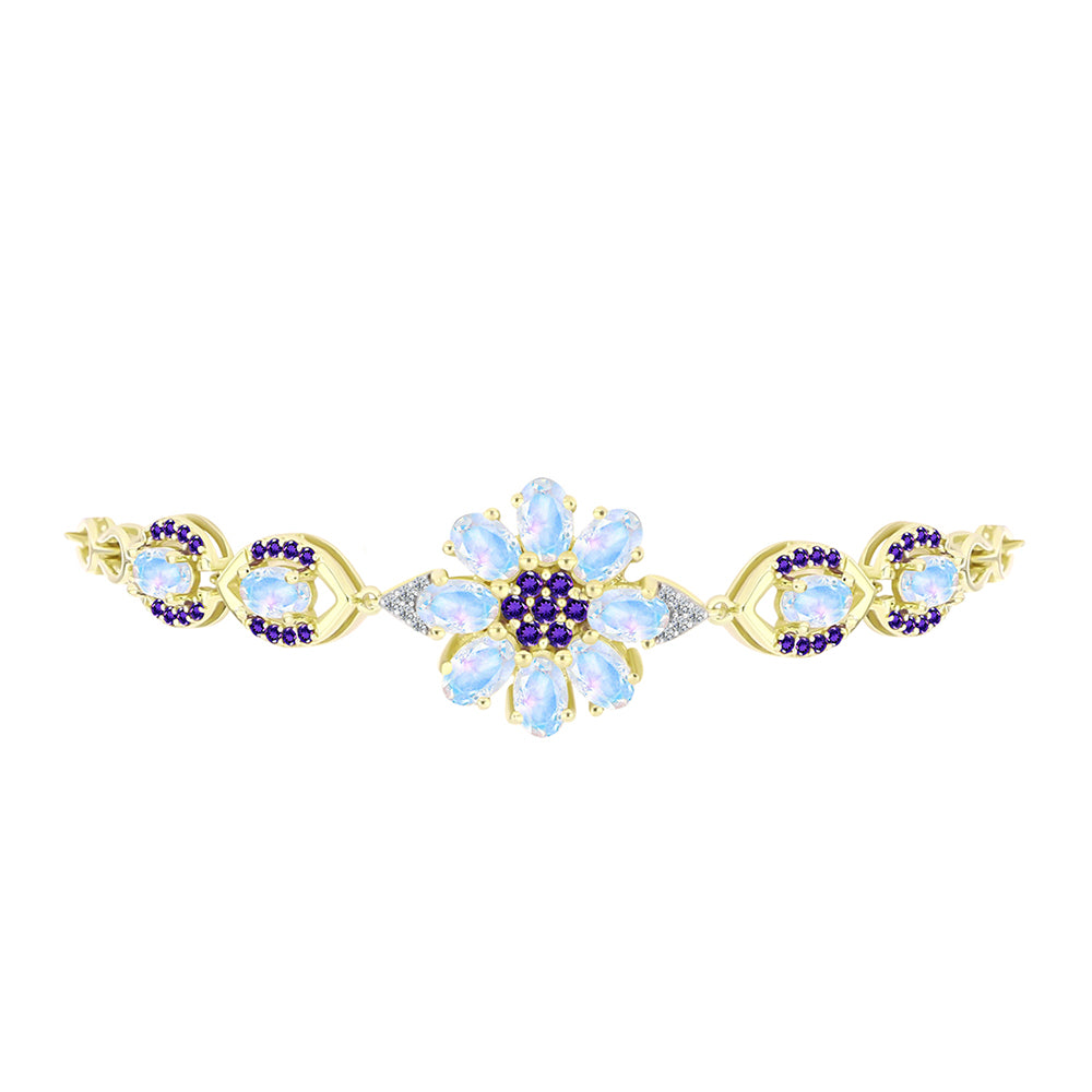 Goldplattiertes Silberarmband mit Regenbogenmondstein und marokkanischem Amethyst