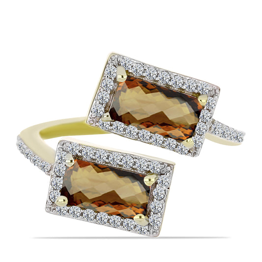 Goldplattierter Silberring mit Cognac-Quarz und weißem Topas