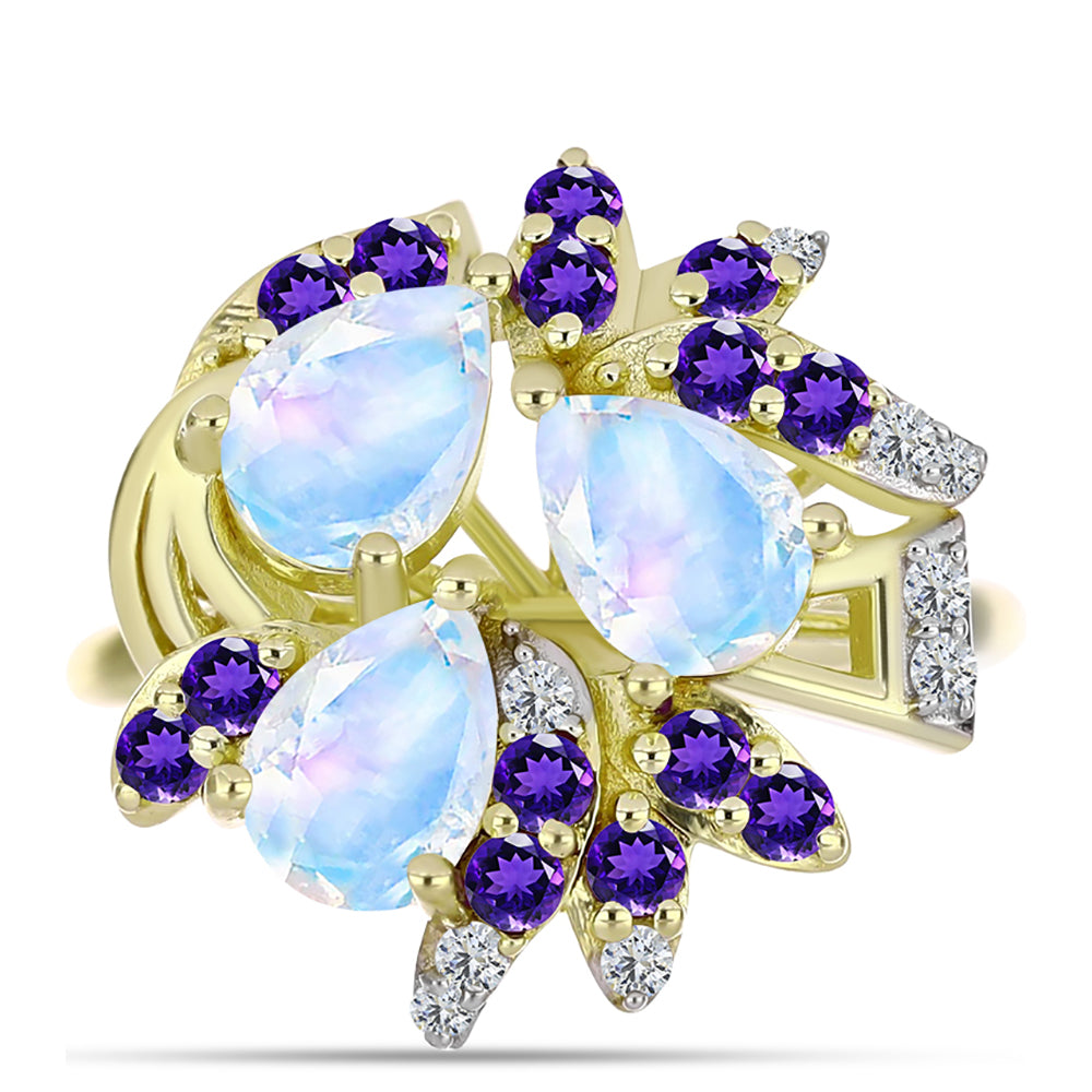 Goldplattierter Silberring mit Regenbogenmondstein und marokkanischem Amethyst 1 