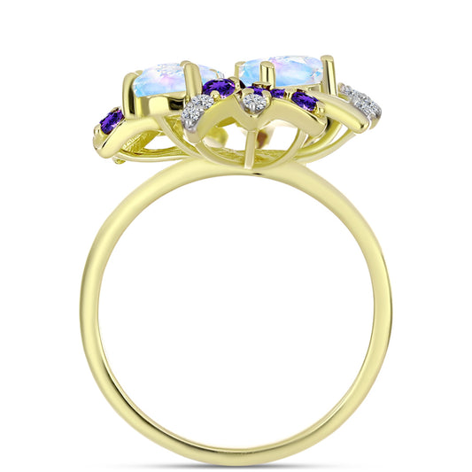 Goldplattierter Silberring mit Regenbogenmondstein und marokkanischem Amethyst