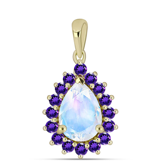 Goldplattierter Silberanhänger mit Regenbogenmondstein und marokkanischem Amethyst