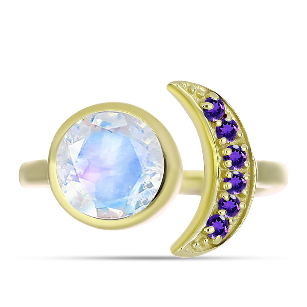 Goldplattierter Silberring mit Regenbogenmondstein und marokkanischem Amethyst 1 