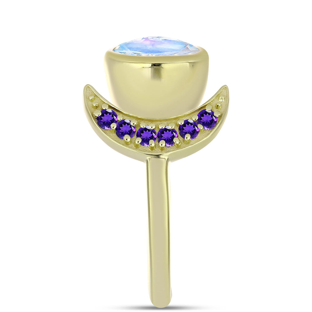 Goldplattierter Silberring mit Regenbogenmondstein und marokkanischem Amethyst
