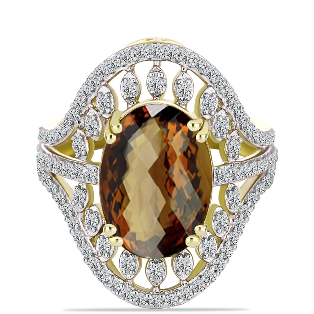 Goldplattierter Silberring mit Cognac-Quarz und weißem Topas 1 