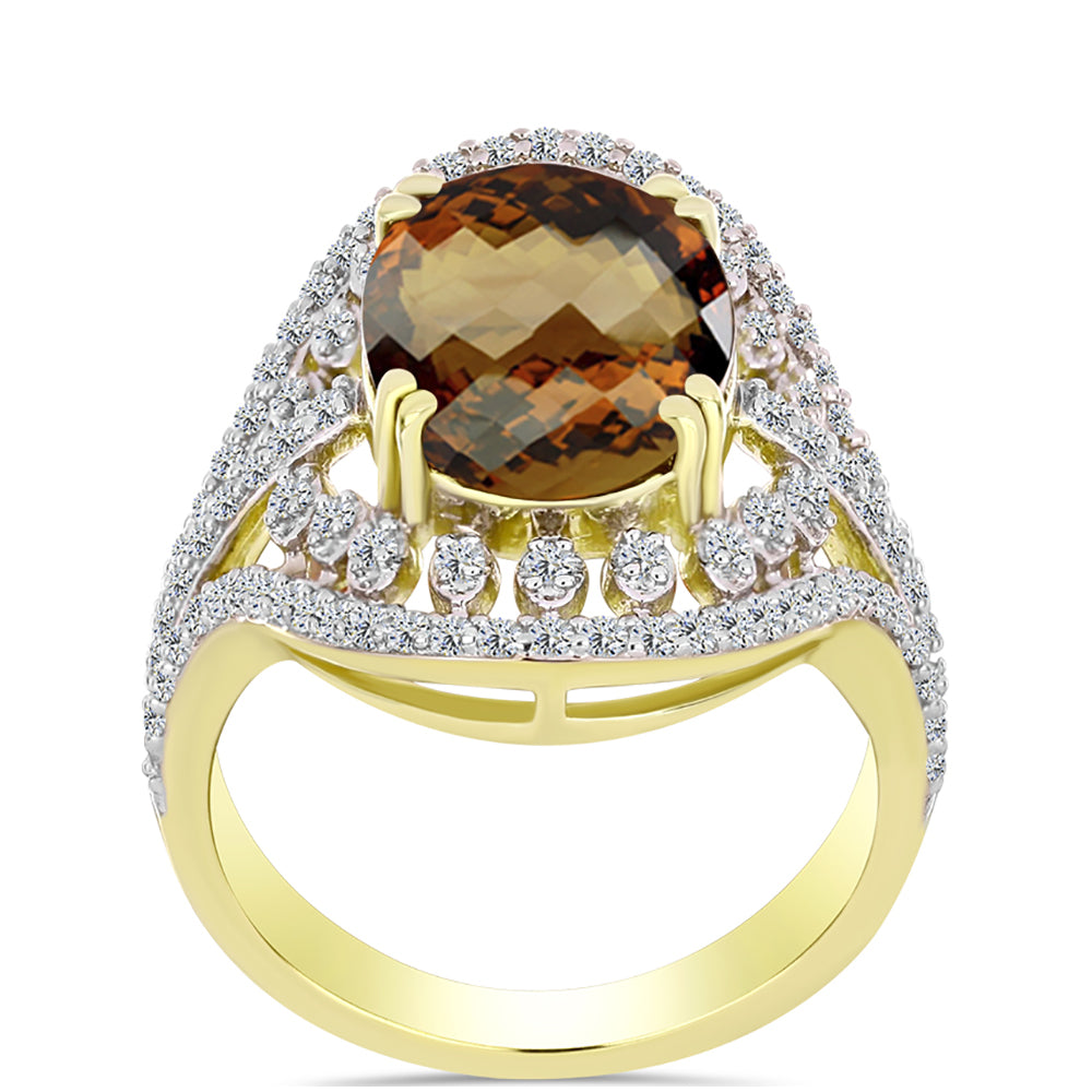 Goldplattierter Silberring mit Cognac-Quarz und weißem Topas
