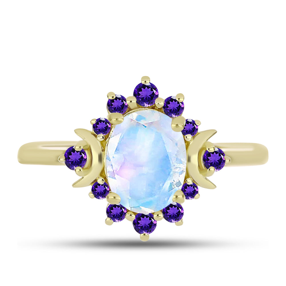 Goldplattierter Silberring mit Regenbogenmondstein und marokkanischem Amethyst