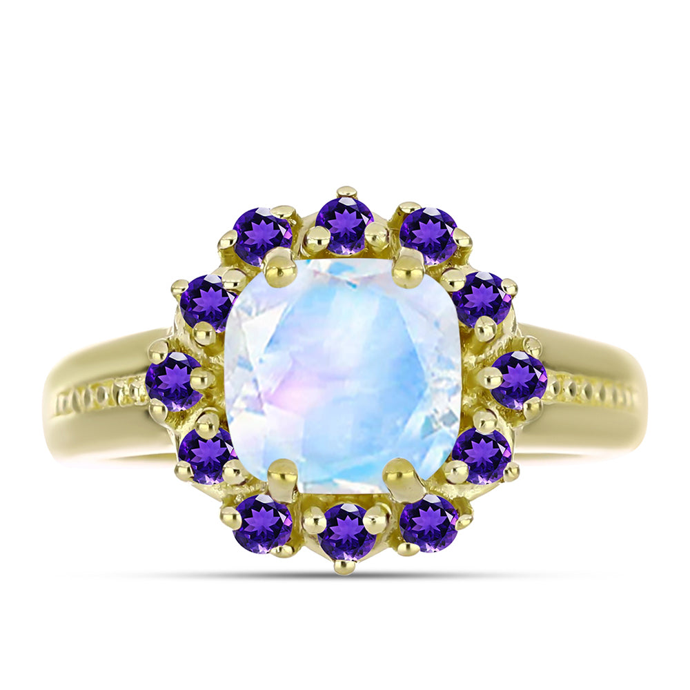 Goldplattierter Silberring mit Regenbogenmondstein und marokkanischem Amethyst 1 