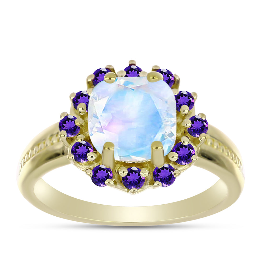 Goldplattierter Silberring mit Regenbogenmondstein und marokkanischem Amethyst 3 