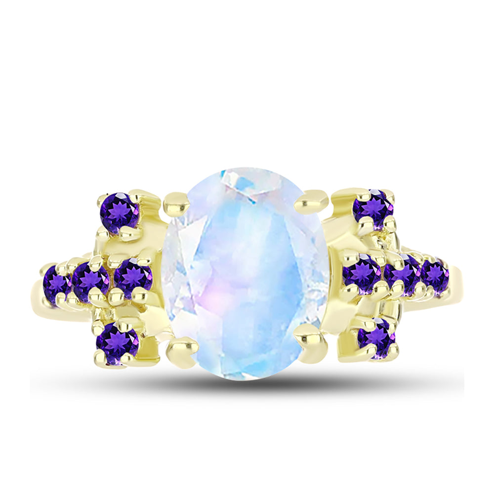 Goldplattierter Silberring mit Regenbogenmondstein und marokkanischem Amethyst 1 