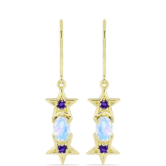 Goldplattierte Silberohrringe mit Regenbogenmondstein und marokkanischem Amethyst