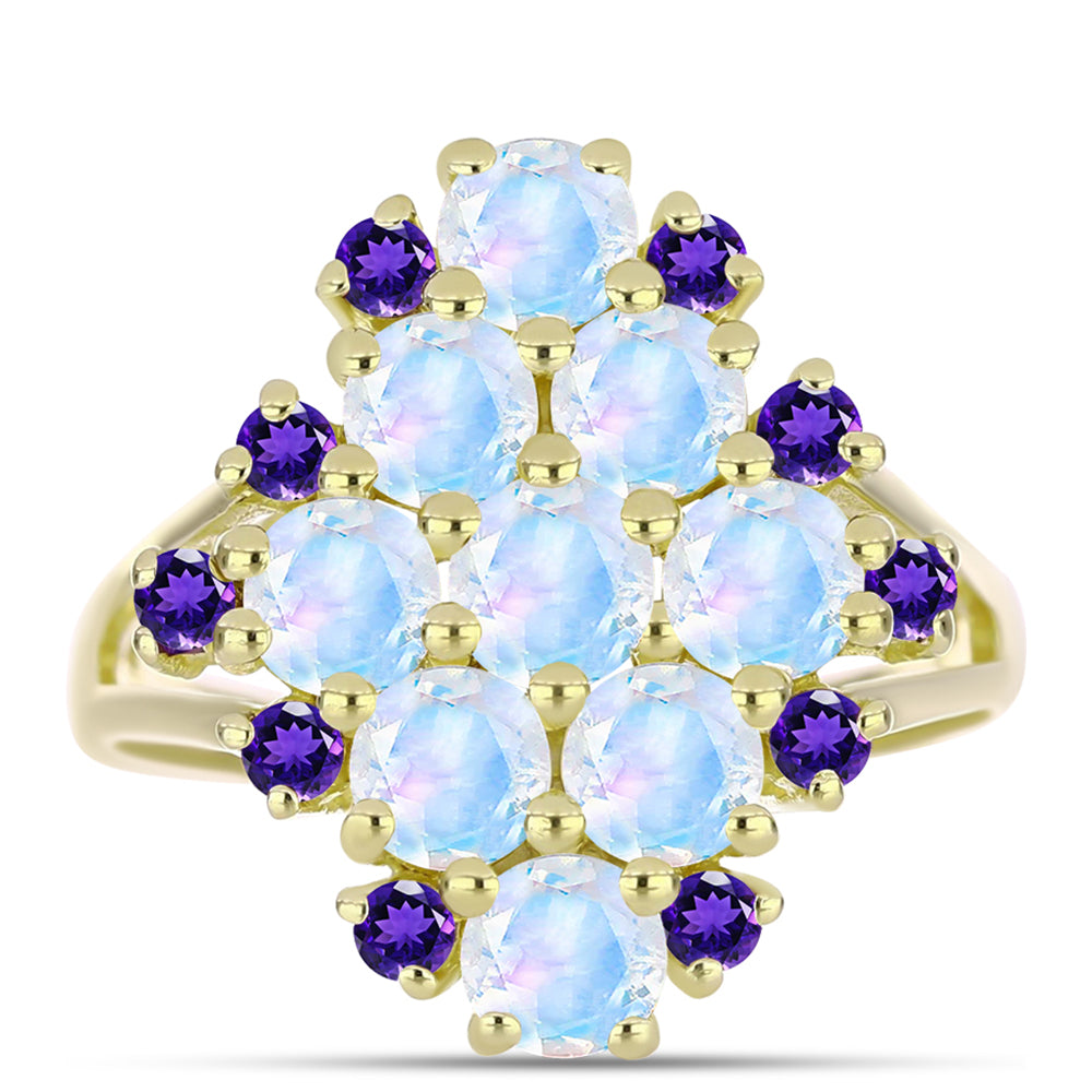 Goldplattierter Silberring mit Regenbogenmondstein und marokkanischem Amethyst