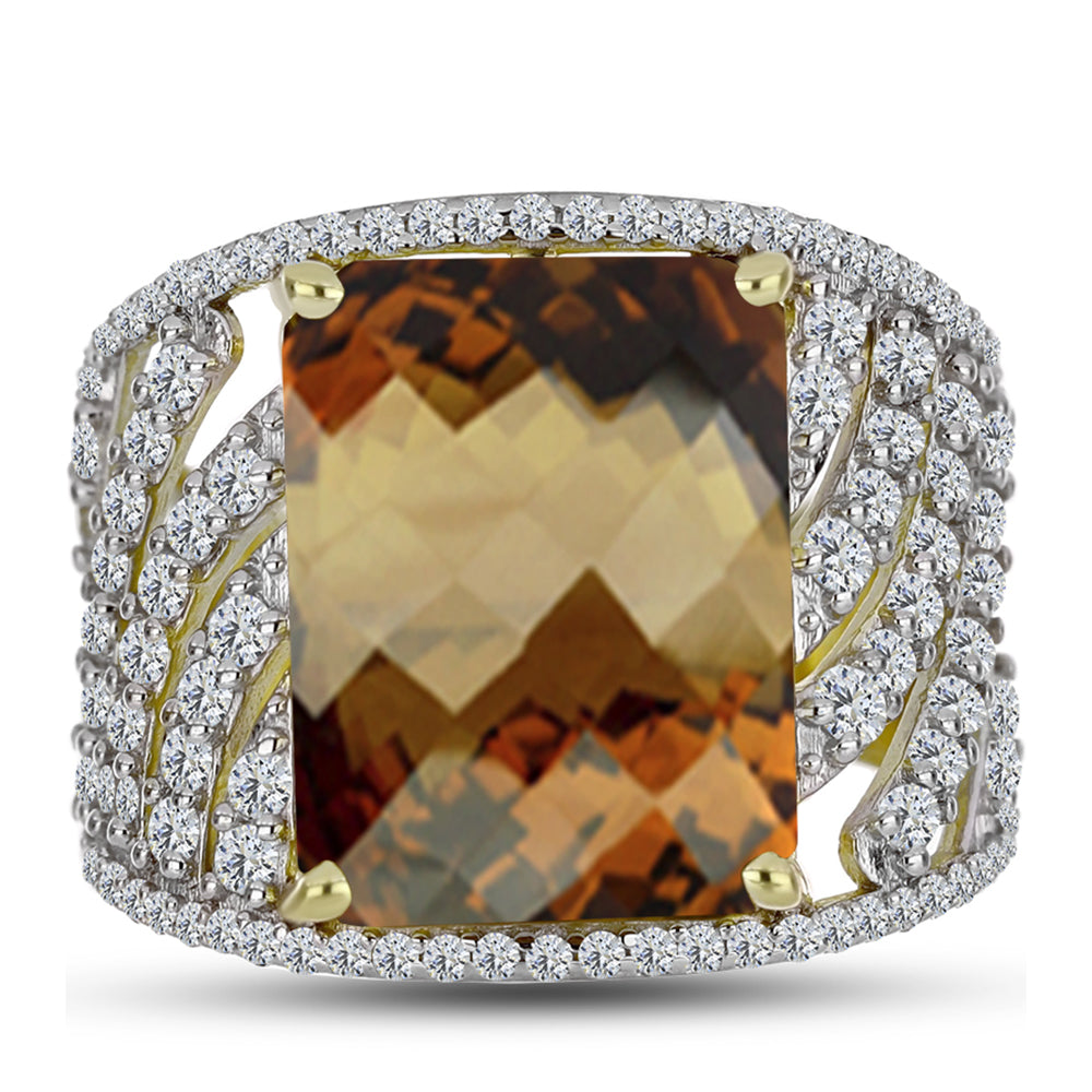 Goldplattierter Silberring mit Cognac-Quarz und weißem Topas