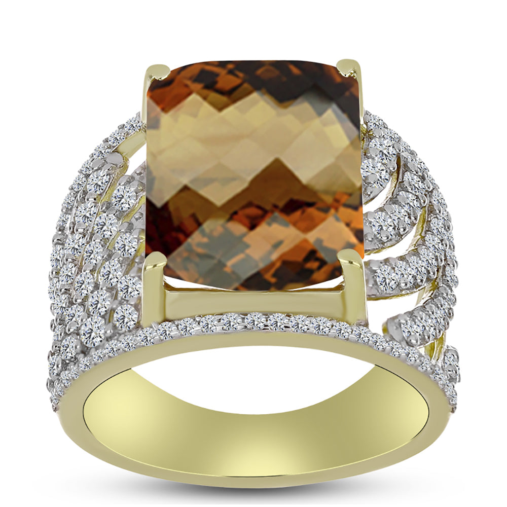 Goldplattierter Silberring mit Cognac-Quarz und weißem Topas
