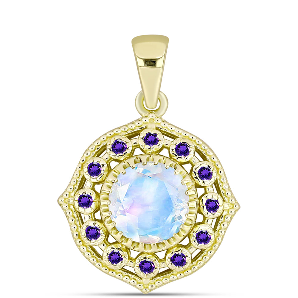 Goldplattierter Silberanhänger mit Regenbogenmondstein und marokkanischem Amethyst 1 