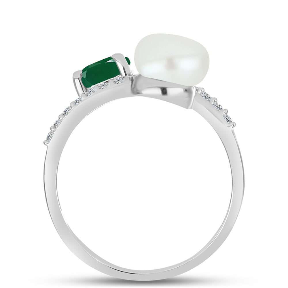 Silberring mit grünem Chalcedon und weißer Süßwasserperle 2 