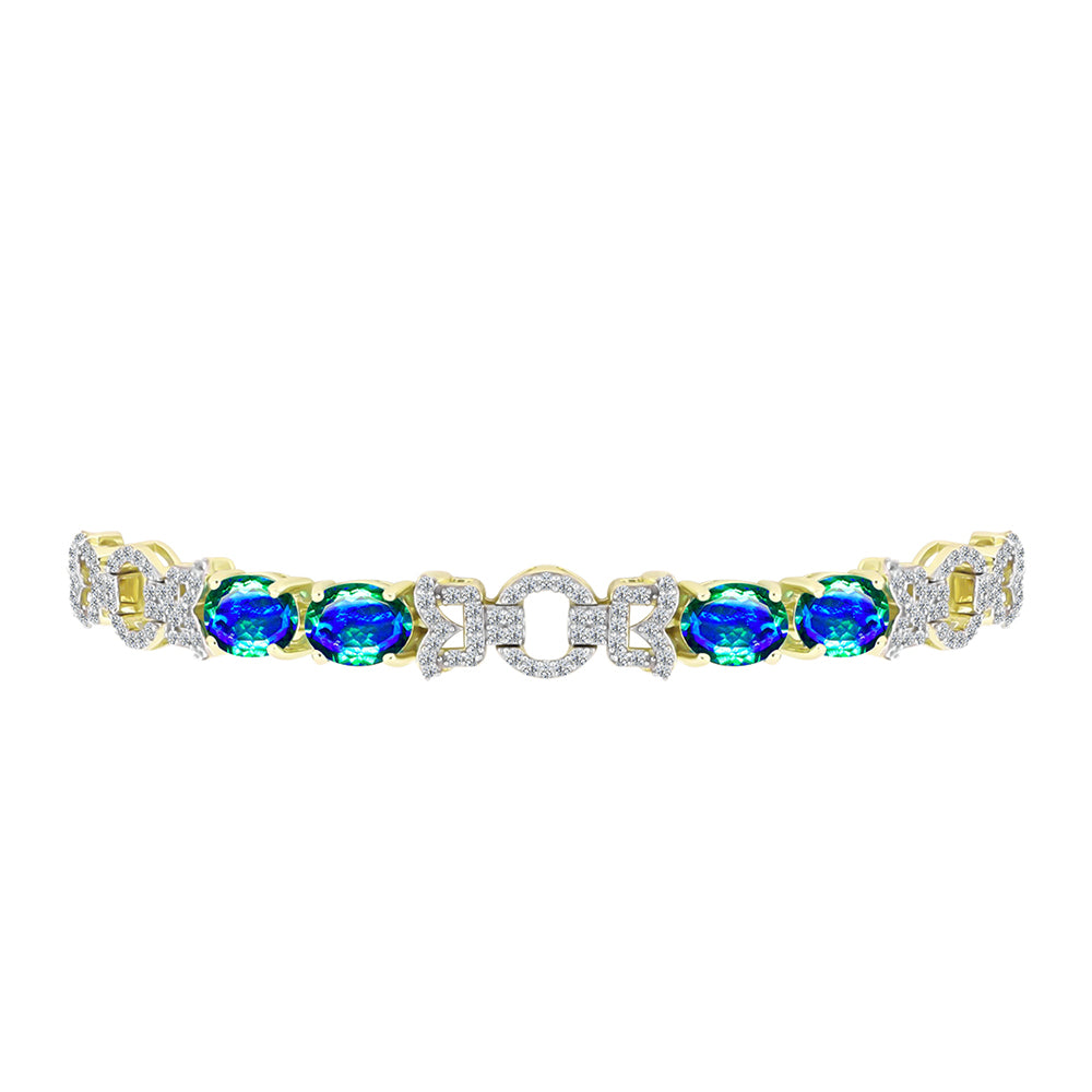 Goldplattiertes Silberarmband mit Pfauenquarz und weißem Topas