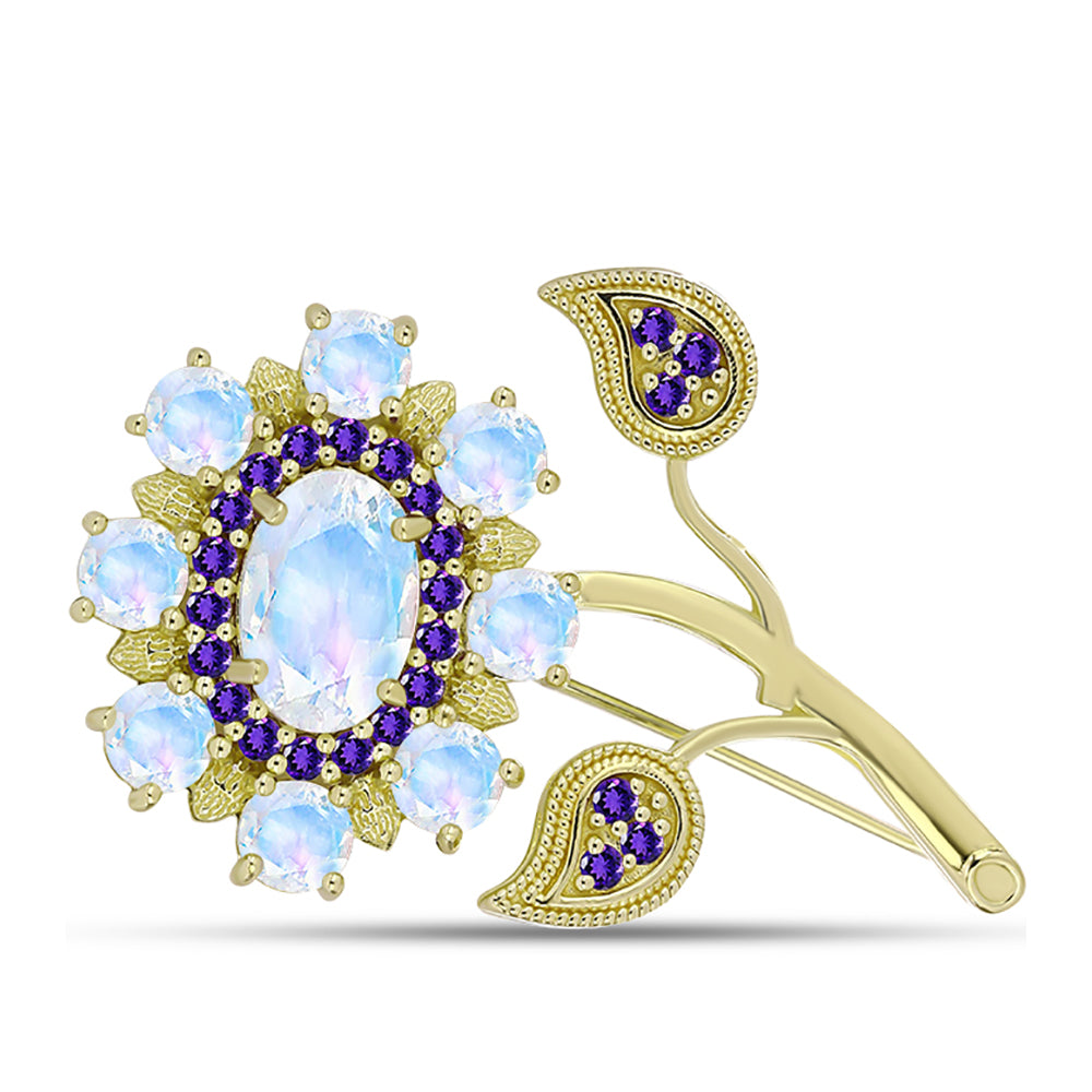 Goldplattierte Silberbrosche mit Regenbogenmondstein und marokkanischem Amethyst 1 